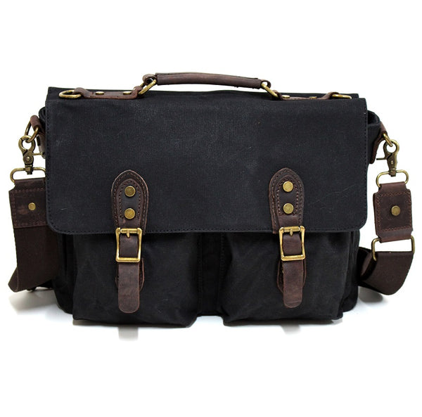 Leon 15" Waxed Black Canvas and Leather Satchel Weather Proof Laptop Bag - The Leather Trading Co.