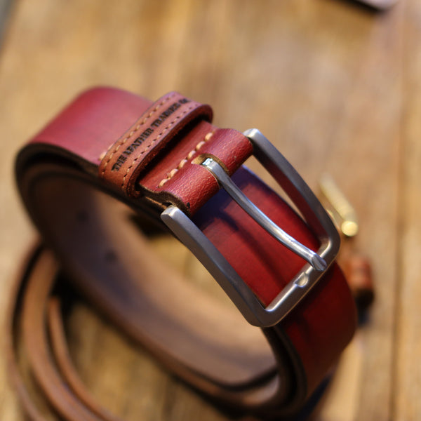 HANDMADE COW LEATHER STAINLESS STEEL BELT - RED 35 MM