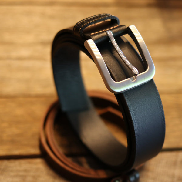 HANDMADE BUFFALO LEATHER STAINLESS STEEL BELT - BLACK 40 MM