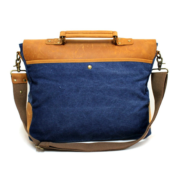 Hercules 16" Navy Canvas & Leather Laptop Messenger Satchel Bag - The Leather Trading Co.