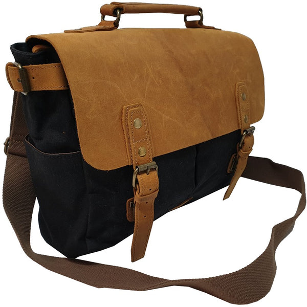 Tarzan 14" Waxed Black Canvas & Buffalo Leather Cover Weather Proof Laptop Bag - The Leather Trading Co.
