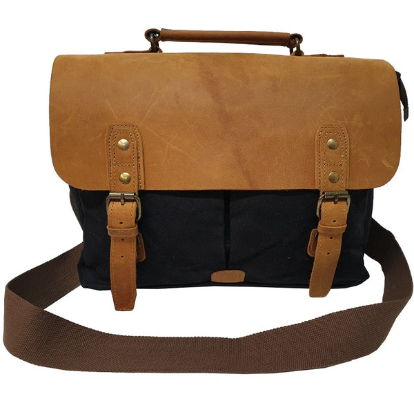 Tarzan 14" Waxed Black Canvas & Buffalo Leather Cover Weather Proof Laptop Bag - The Leather Trading Co.
