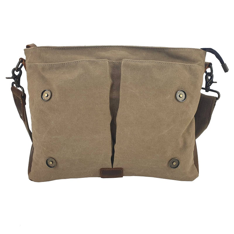 Axel 14″ Khaki Laptop Canvas & Leather Messenger Bag - The Leather Trading Co.