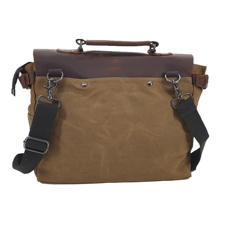 Bullet 14″ Khaki Camel Waxed Canvas Satchel with Full Grain Leather Flap - The Leather Trading Co.