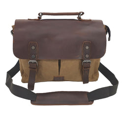 Bullet 14″ Khaki Camel Waxed Canvas Satchel with Full Grain Leather Flap - The Leather Trading Co.
