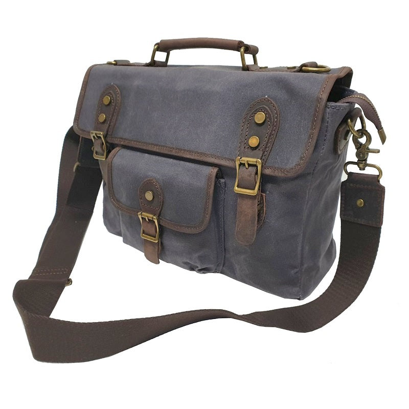 Nomad 15" Grey Waxed Canvas and Leather Satchel Weather Proof Laptop Bag - The Leather Trading Co.