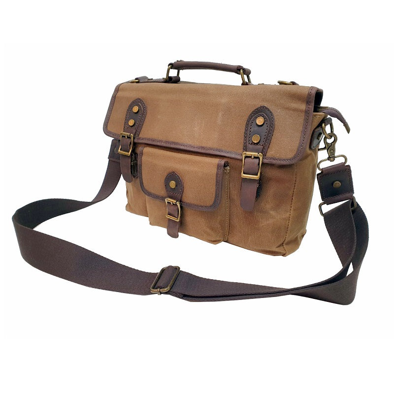 Nomad 15" Khaki Waxed Canvas and Leather Satchel Weather Proof Laptop Bag - The Leather Trading Co.