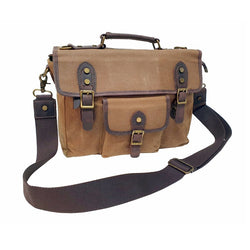 Nomad 15" Khaki Waxed Canvas and Leather Satchel Weather Proof Laptop Bag - The Leather Trading Co.