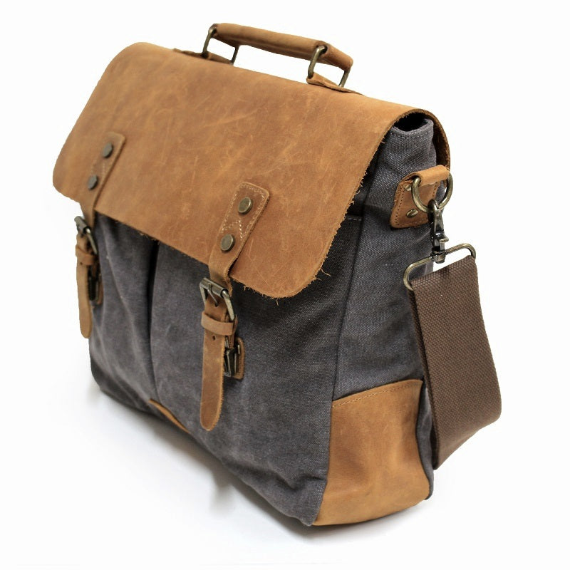 Hercules 16" Grey Canvas & Leather Laptop Messenger Satchel Bag - The Leather Trading Co.
