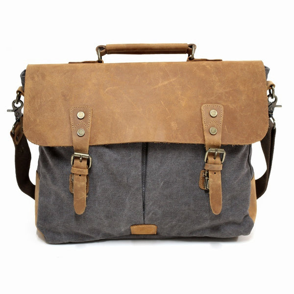 Hercules 16" Grey Canvas & Leather Laptop Messenger Satchel Bag - The Leather Trading Co.