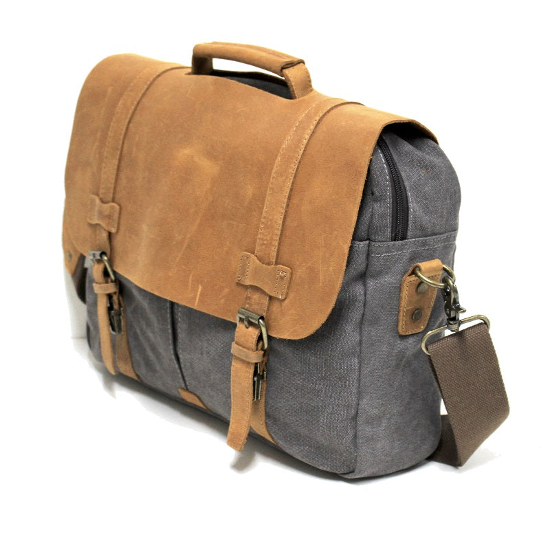 Alaskan 16" Grey Zipper Leather & Canvas Laptop Satchel Bag - The Leather Trading Co.