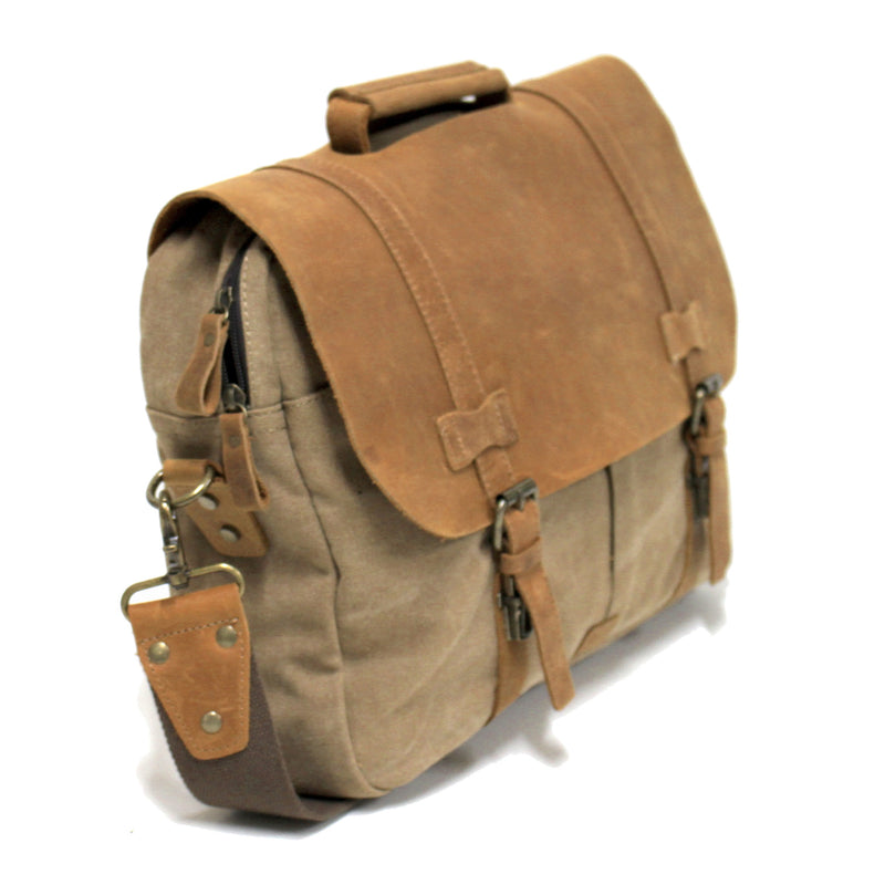 Alaskan 16" Khaki Zipper Leather & Canvas Laptop Satchel Bag - The Leather Trading Co.