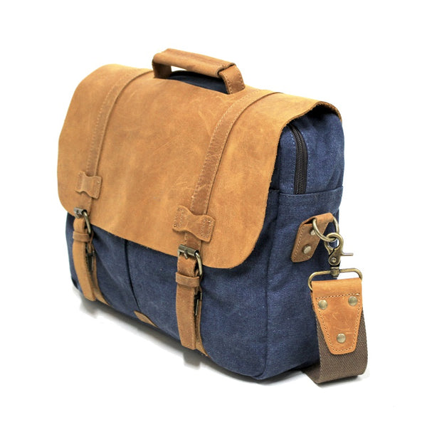 Alaskan 16" Navy Zipper Leather & Canvas Laptop Satchel Bag - The Leather Trading Co.