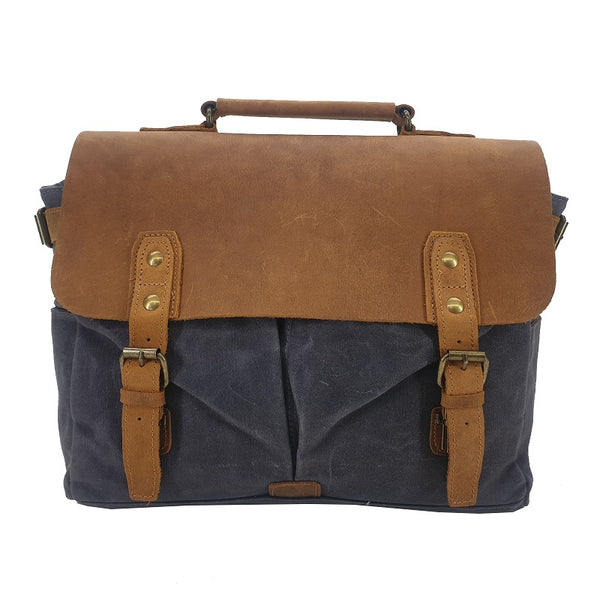Tarzan 14" Waxed Grey Canvas & Buffalo Leather Cover Weather Proof Laptop Bag - The Leather Trading Co.