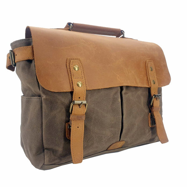 Tarzan 14" Waxed Green Canvas & Buffalo Leather Cover Weather Proof Laptop Bag - The Leather Trading Co.