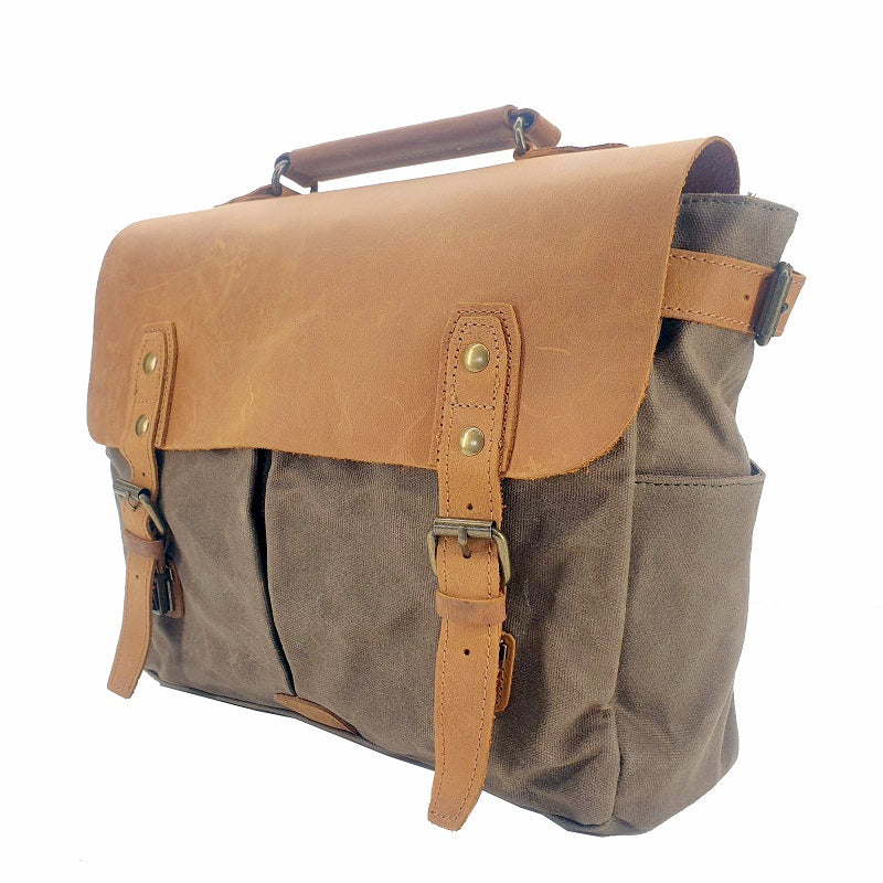 Tarzan 14" Waxed Green Canvas & Buffalo Leather Cover Weather Proof Laptop Bag - The Leather Trading Co.