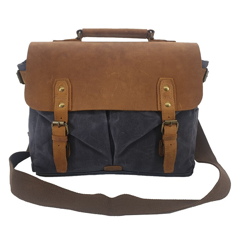 Tarzan 14" Waxed Grey Canvas & Buffalo Leather Cover Weather Proof Laptop Bag - The Leather Trading Co.