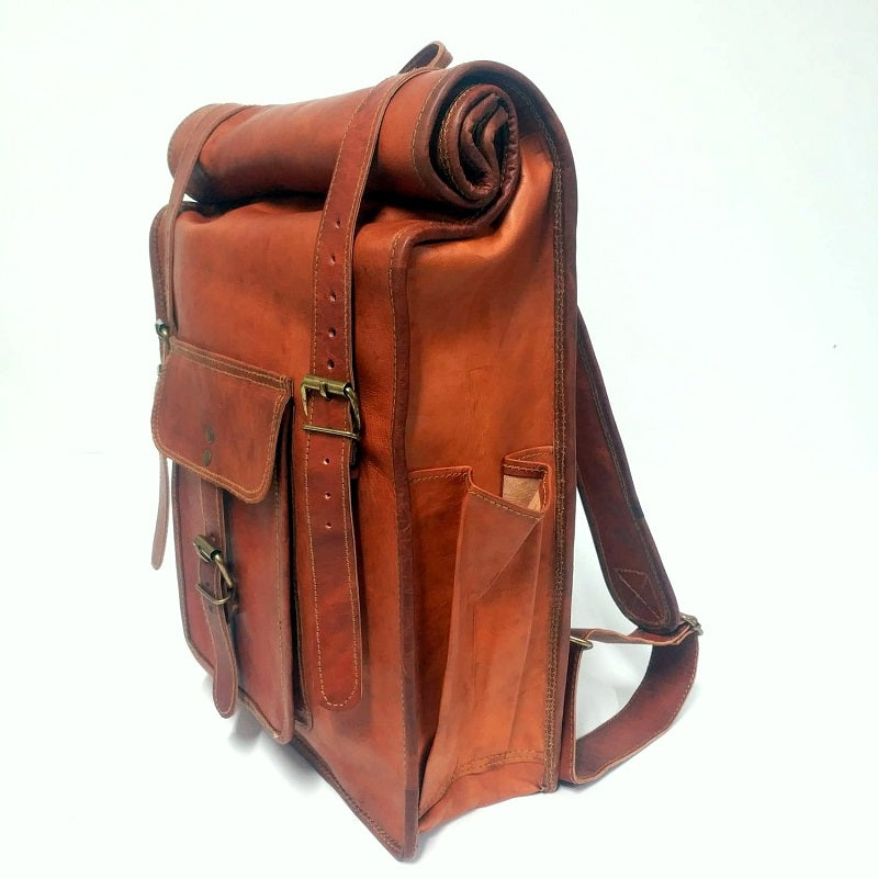 The Tank 16 Inch Indiana Jones Styles Goat Leather Full Grain Leather Roll Top Backpack