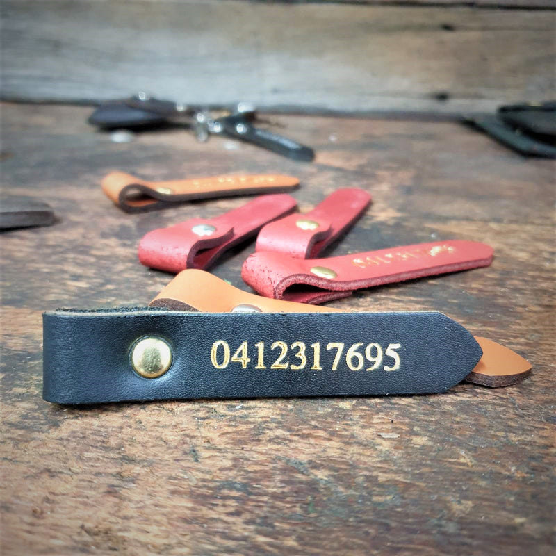 Australian Made Customised Personalised Phone Number Embossing Leather Keyring  I.D  Tag