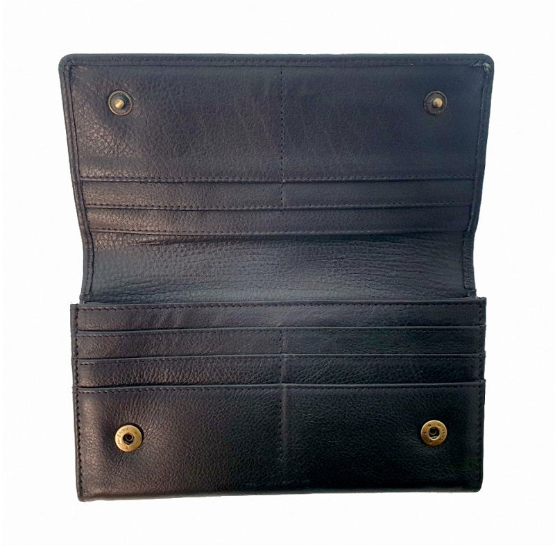 Armada – Black Cowhide Women’s Long Wallet with Button - The Leather Trading Co.